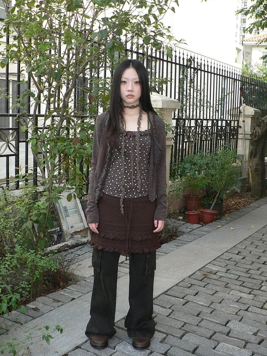 ang project Layered Lace Trim Drawstring Knit Mini Skirt Skirt