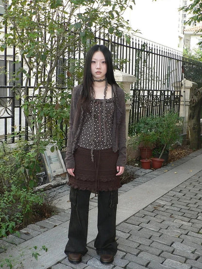 ang project Layered Lace Trim Drawstring Knit Mini Skirt Skirt