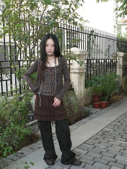 ang project Layered Lace Trim Drawstring Knit Mini Skirt Skirt