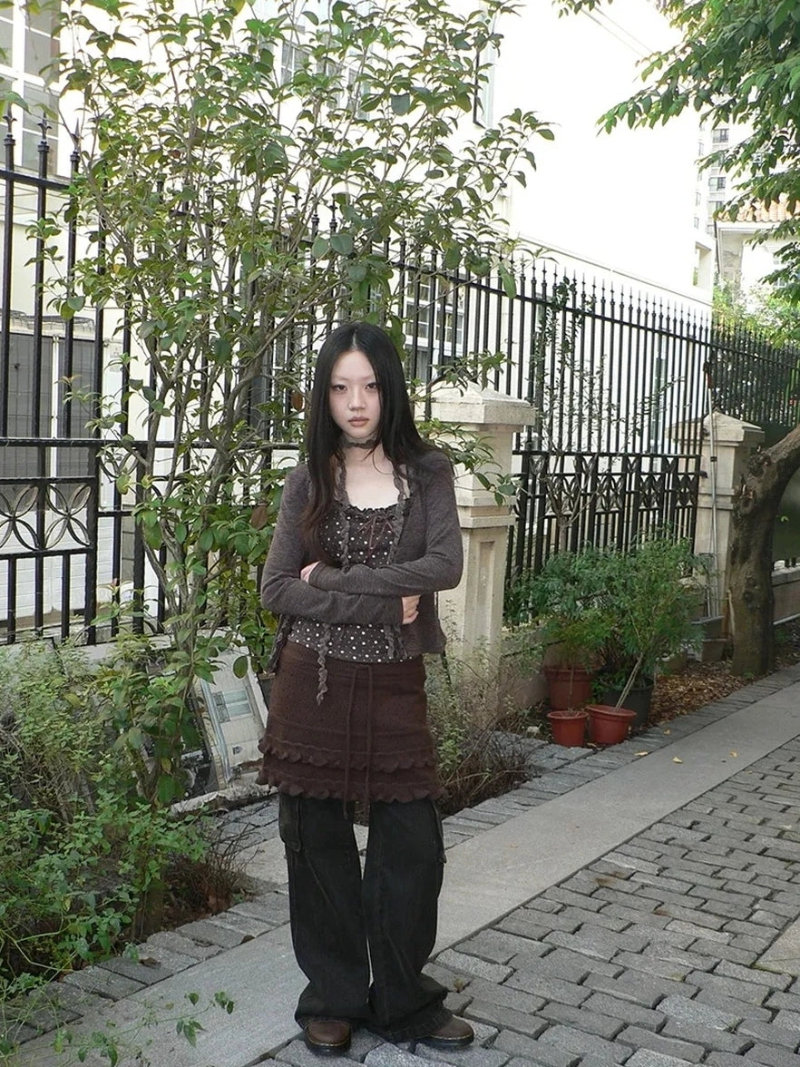 ang project Layered Lace Trim Drawstring Knit Mini Skirt Skirt