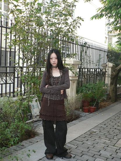 ang project Layered Lace Trim Drawstring Knit Mini Skirt Skirt