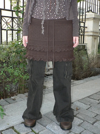 ang project Layered Lace Trim Drawstring Knit Mini Skirt Skirt