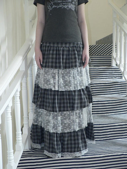 ang project Layered Plaid Patchwork Floral Mesh Lace Women&