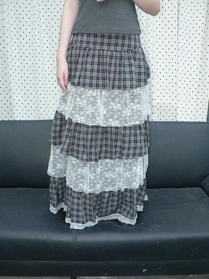 ang project Layered Plaid Patchwork Floral Mesh Lace Women&