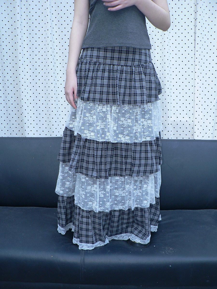 ang project Layered Plaid Patchwork Floral Mesh Lace Women&