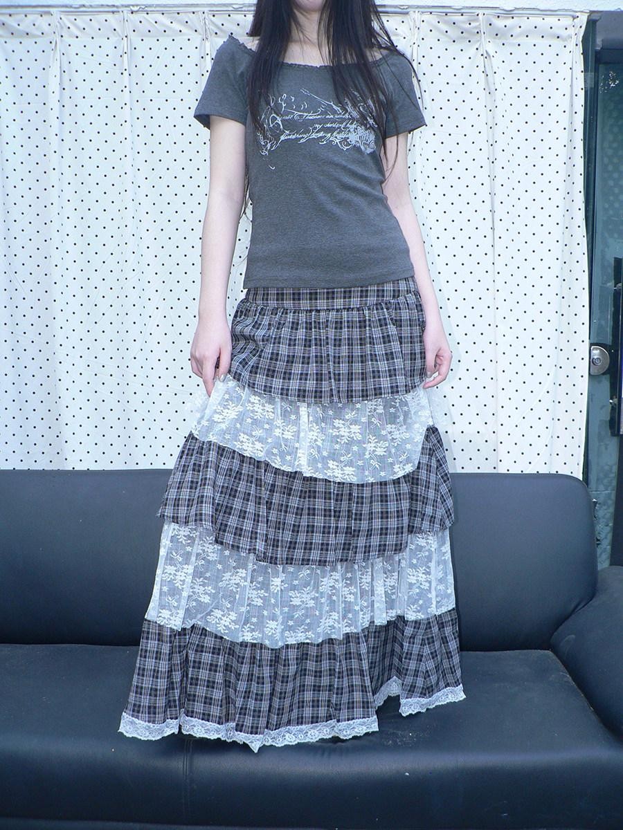 ang project Layered Plaid Patchwork Floral Mesh Lace Women&