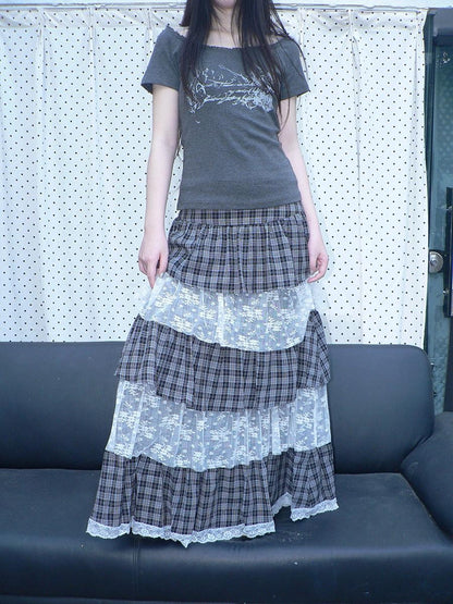 ang project Layered Plaid Patchwork Floral Mesh Lace Women&