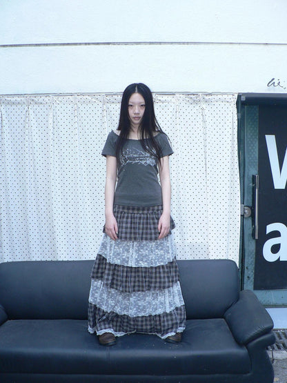 ang project Layered Plaid Patchwork Floral Mesh Lace Women&