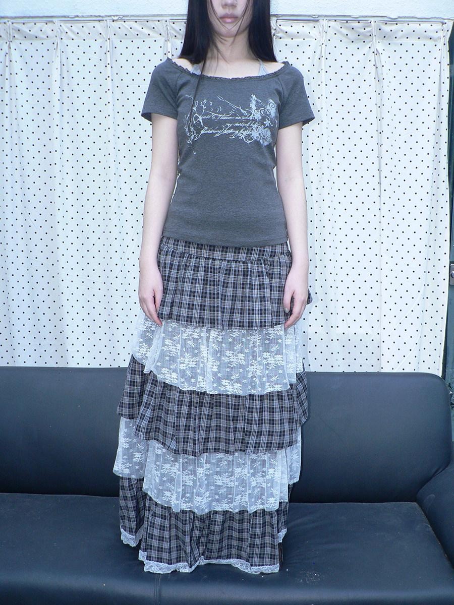 ang project Layered Plaid Patchwork Floral Mesh Lace Women&