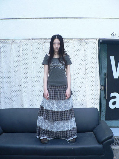 ang project Layered Plaid Patchwork Floral Mesh Lace Women&