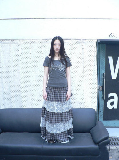 ang project Layered Plaid Patchwork Floral Mesh Lace Women&