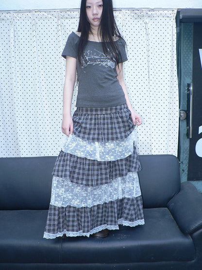 ang project Layered Plaid Patchwork Floral Mesh Lace Women&