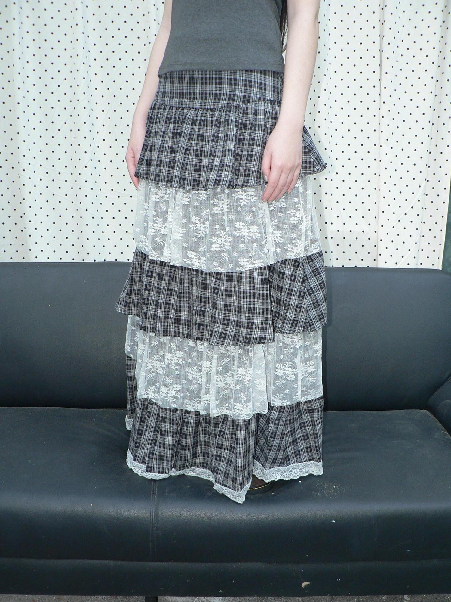 ang project Layered Plaid Patchwork Floral Mesh Lace Women&
