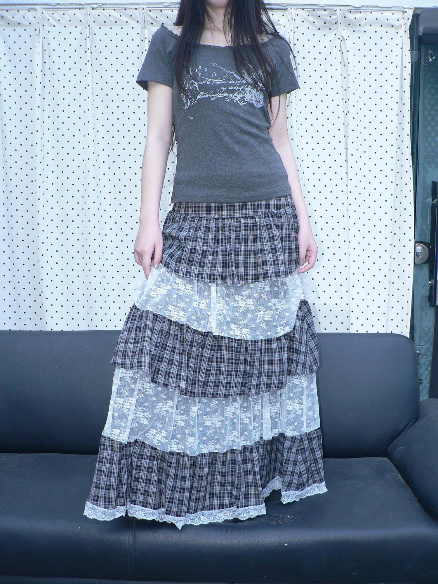 ang project Layered Plaid Patchwork Floral Mesh Lace Women&