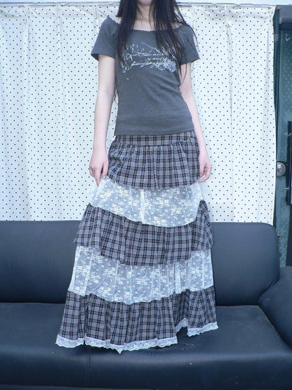 ang project Layered Plaid Patchwork Floral Mesh Lace Women&
