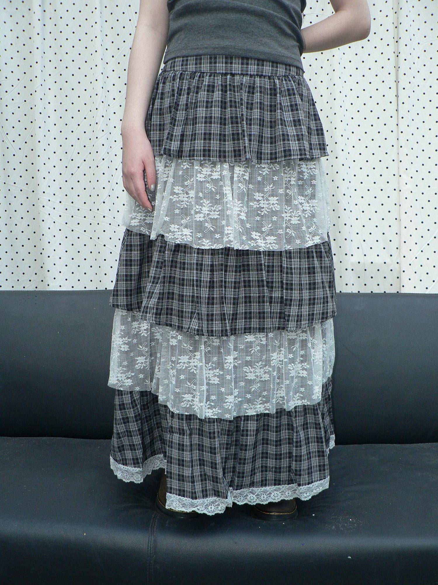 ang project Layered Plaid Patchwork Floral Mesh Lace Women&