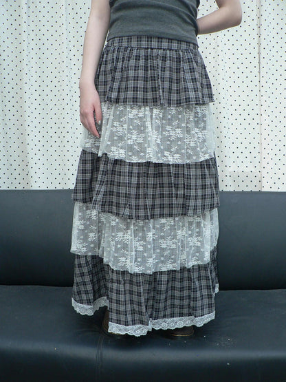 ang project Layered Plaid Patchwork Floral Mesh Lace Women&