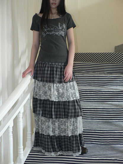 ang project Layered Plaid Patchwork Floral Mesh Lace Women&