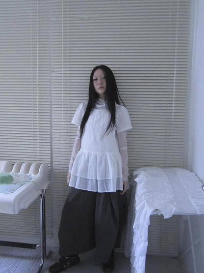Layered White Mesh See Through Collared Long Sleeve Top