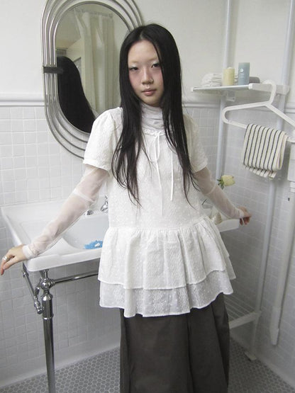Updateang project Layered White Mesh See Through Collared Long Sleeve Top