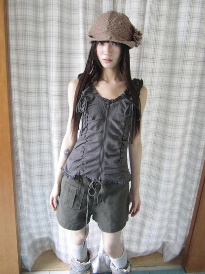 ang project Lettuce Hem Ruched Tie Double Zipper V-neck Cropped Slim Fit Women&