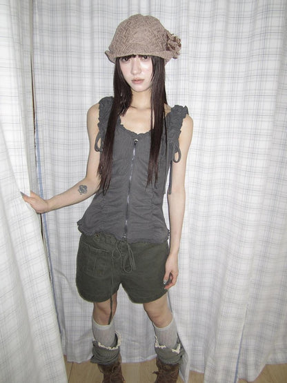 ang project Lettuce Hem Ruched Tie Double Zipper V-neck Cropped Slim Fit Women&
