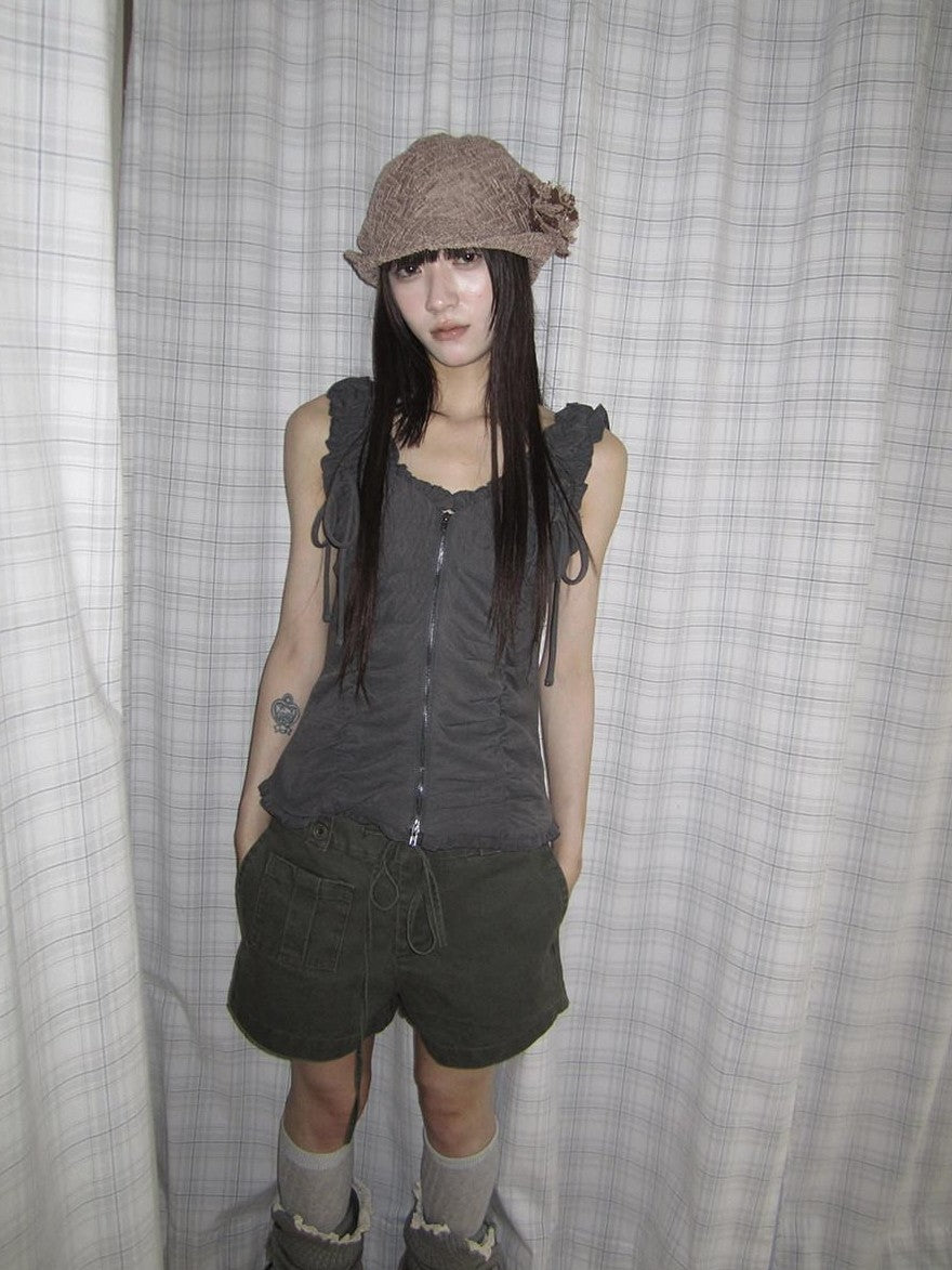 ang project Lettuce Hem Ruched Tie Double Zipper V-neck Cropped Slim Fit Women&