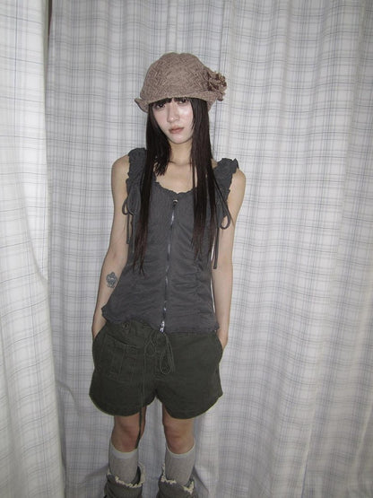 ang project Lettuce Hem Ruched Tie Double Zipper V-neck Cropped Slim Fit Women&
