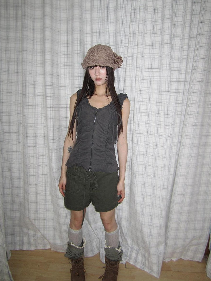 ang project Lettuce Hem Ruched Tie Double Zipper V-neck Cropped Slim Fit Women&