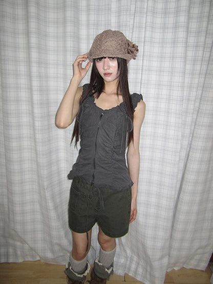 ang project Lettuce Hem Ruched Tie Double Zipper V-neck Cropped Slim Fit Women&