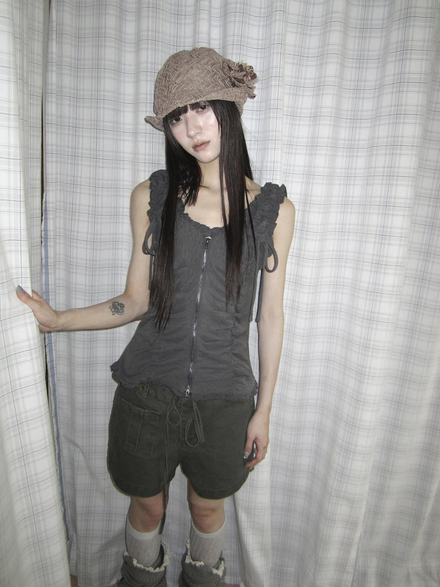 ang project Lettuce Hem Ruched Tie Double Zipper V-neck Cropped Slim Fit Women&
