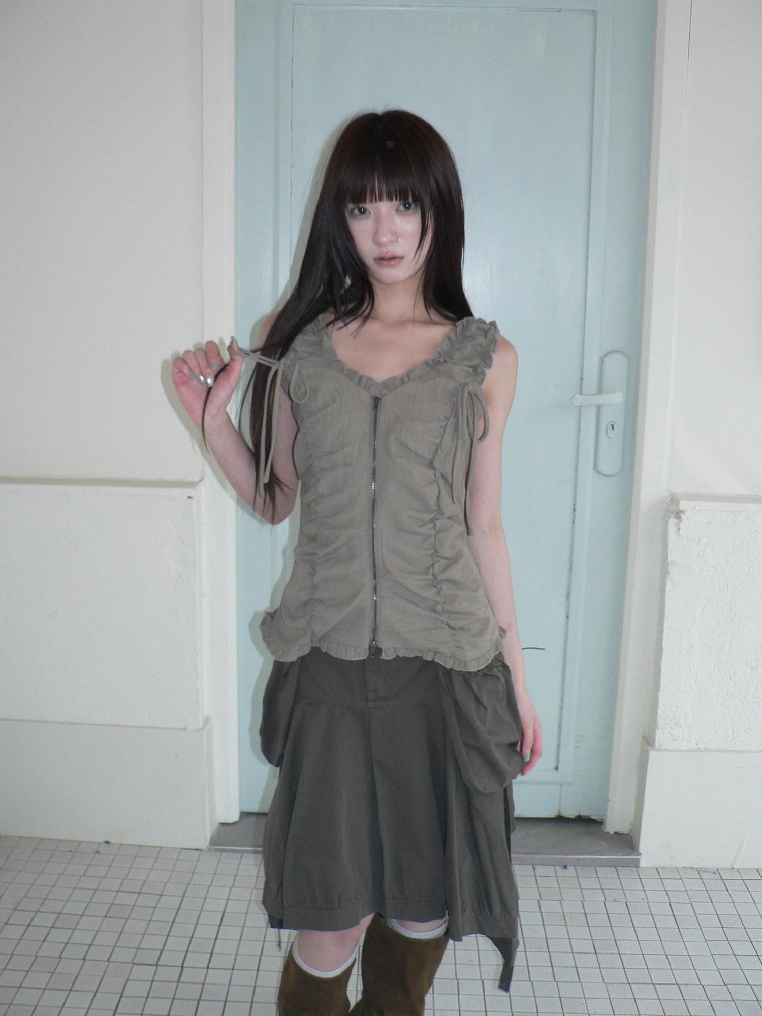 ang project Lettuce Hem Ruched Tie Double Zipper V-neck Cropped Slim Fit Women&