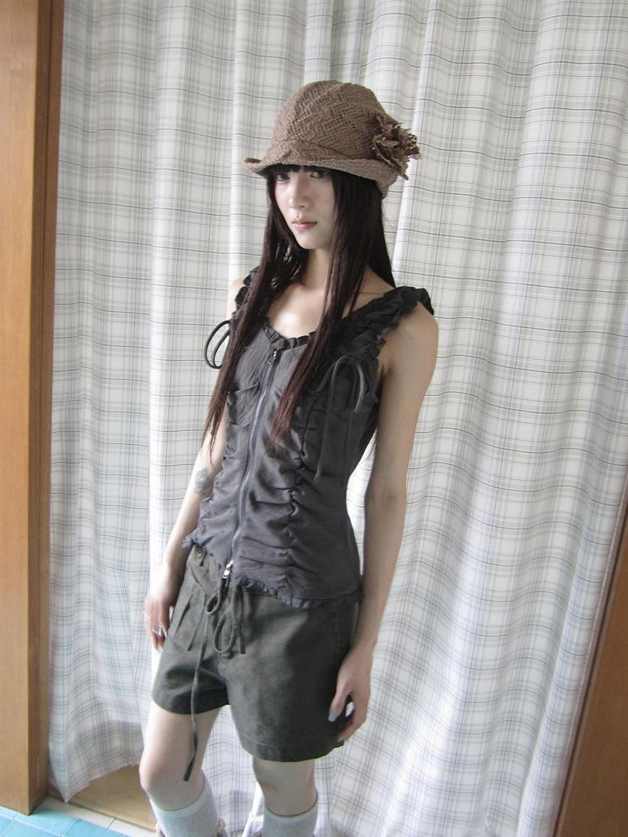 ang project Lettuce Hem Ruched Tie Double Zipper V-neck Cropped Slim Fit Women&