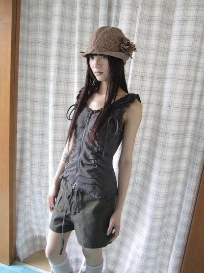 ang project Lettuce Hem Ruched Tie Double Zipper V-neck Cropped Slim Fit Women&