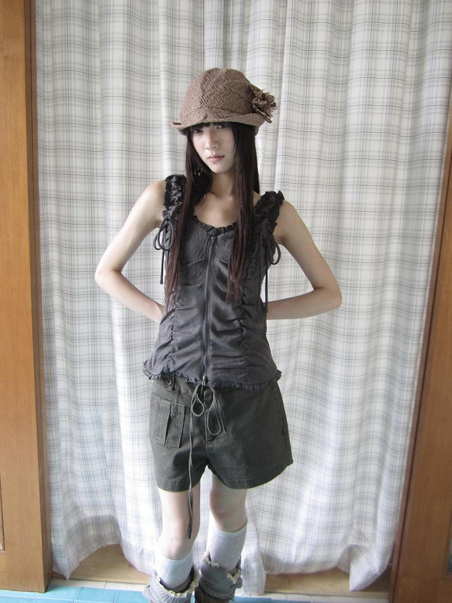 ang project Lettuce Hem Ruched Tie Double Zipper V-neck Cropped Slim Fit Women&