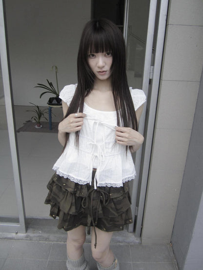 ang project Light Gingham Lace Trim Halter Tie Faux Two Piece Women&