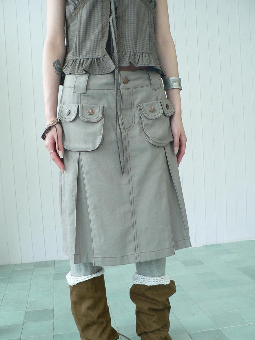 ang project Light Gray Exposed Stitch Pleated 3D Pocket Vintage Women&