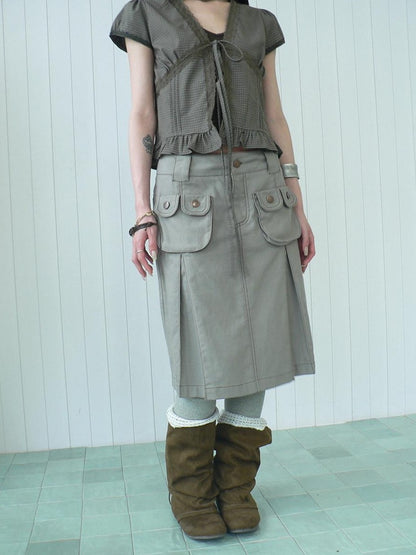 ang project Light Gray Exposed Stitch Pleated 3D Pocket Vintage Women&