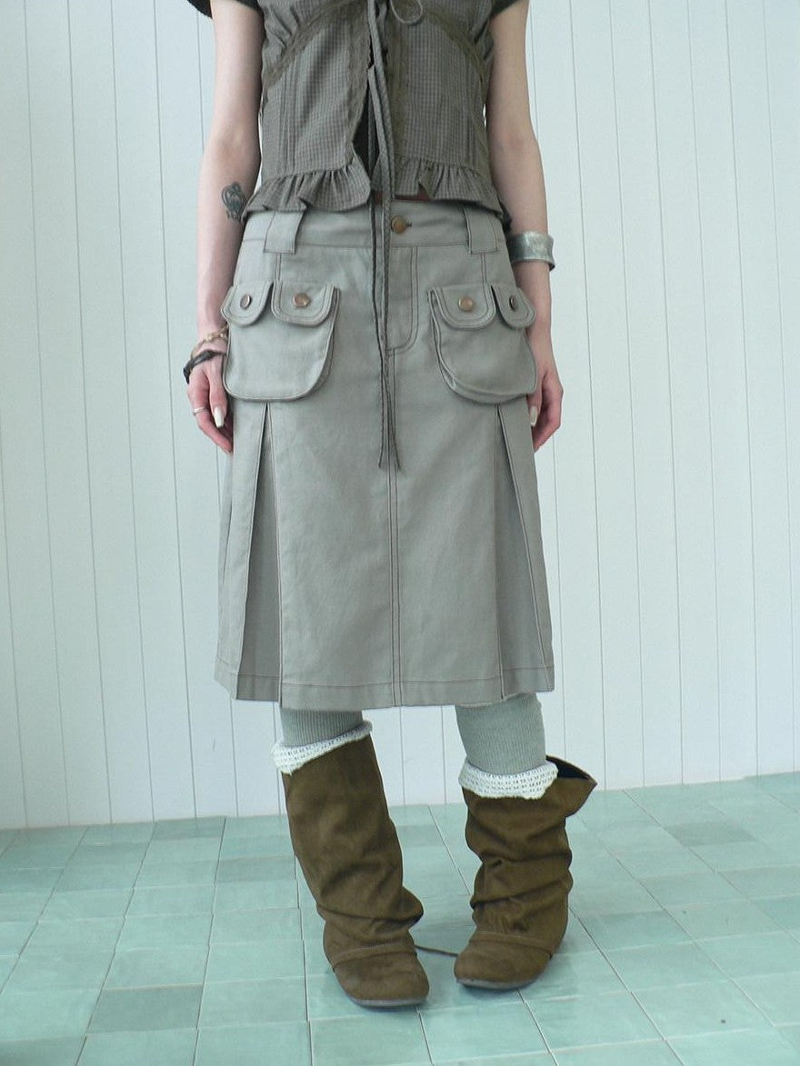 ang project Light Gray Exposed Stitch Pleated 3D Pocket Vintage Women&