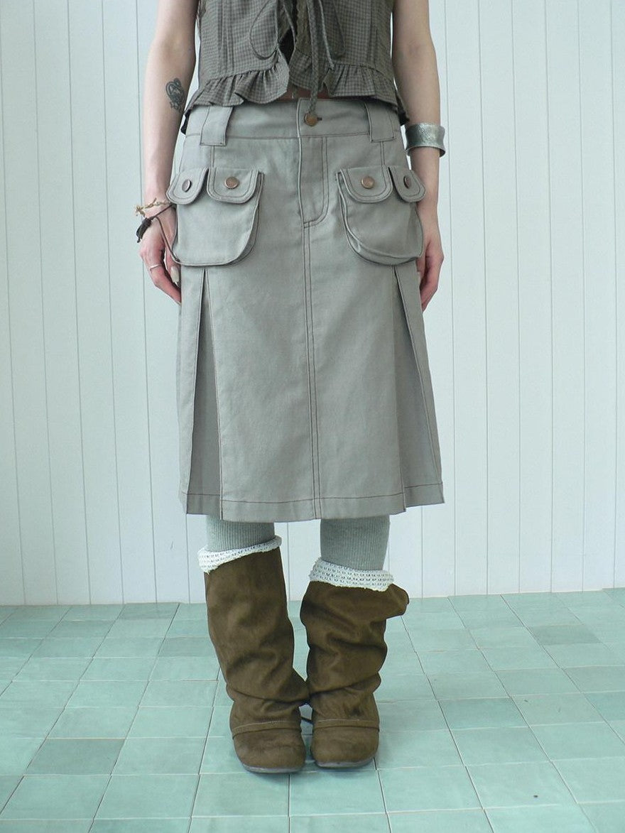 ang project Light Gray Exposed Stitch Pleated 3D Pocket Vintage Women&