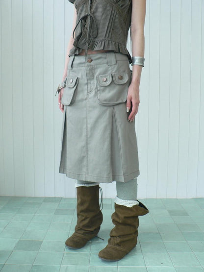 ang project Light Gray Exposed Stitch Pleated 3D Pocket Vintage Women&