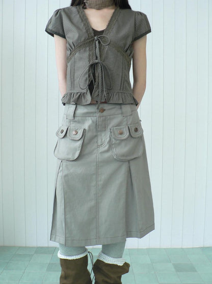 ang project Light Gray Exposed Stitch Pleated 3D Pocket Vintage Women&