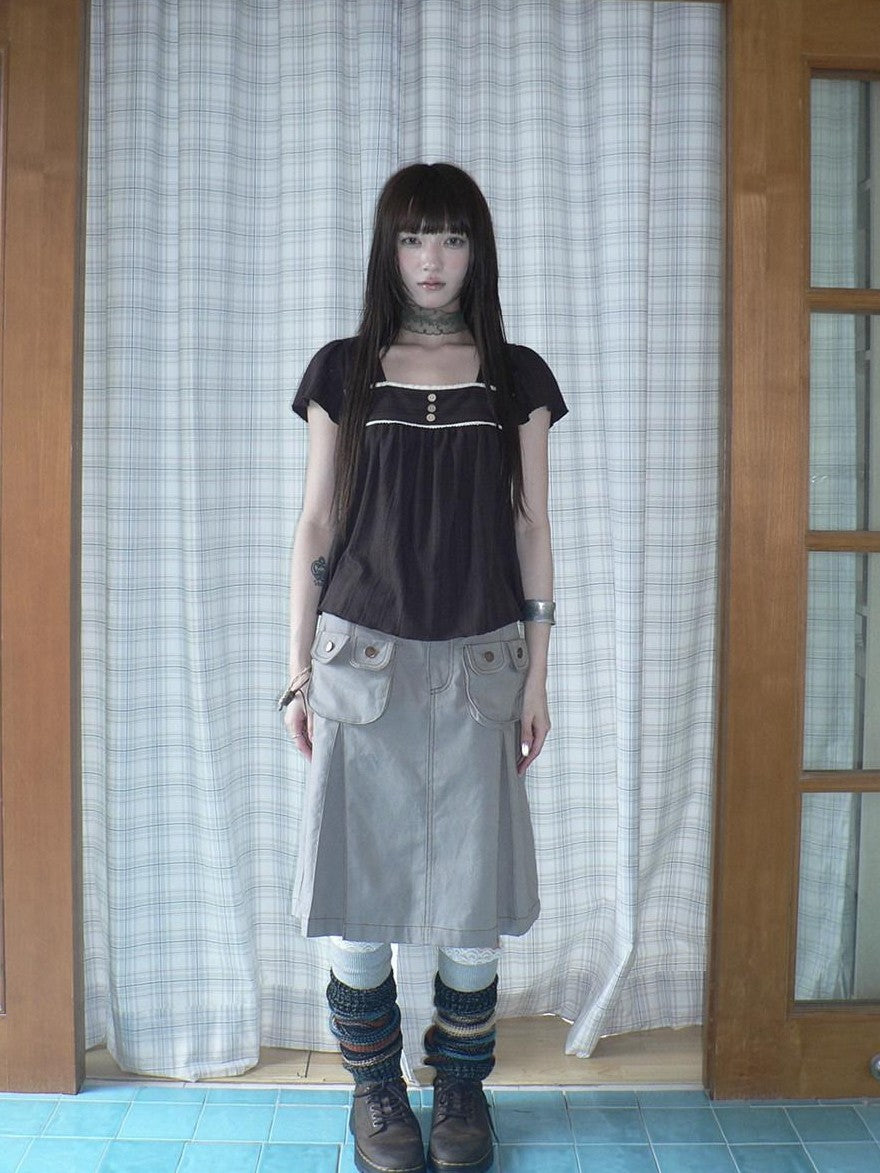 ang project Light Gray Exposed Stitch Pleated 3D Pocket Vintage Women&