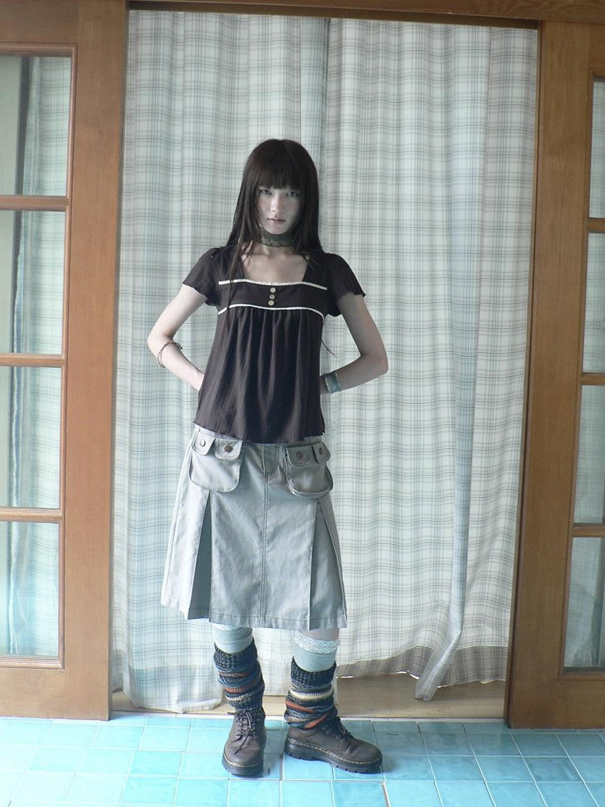 ang project Light Gray Exposed Stitch Pleated 3D Pocket Vintage Women&