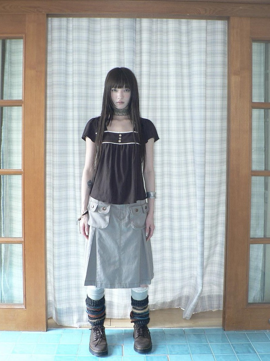 ang project Light Gray Exposed Stitch Pleated 3D Pocket Vintage Women&