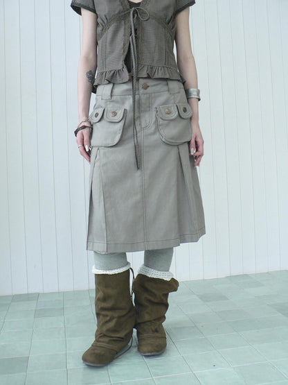 ang project Light Gray Exposed Stitch Pleated 3D Pocket Vintage Women&