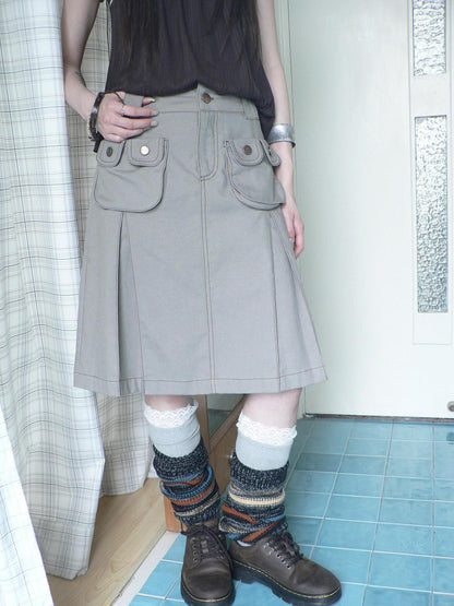 ang project Light Gray Exposed Stitch Pleated 3D Pocket Vintage Women&