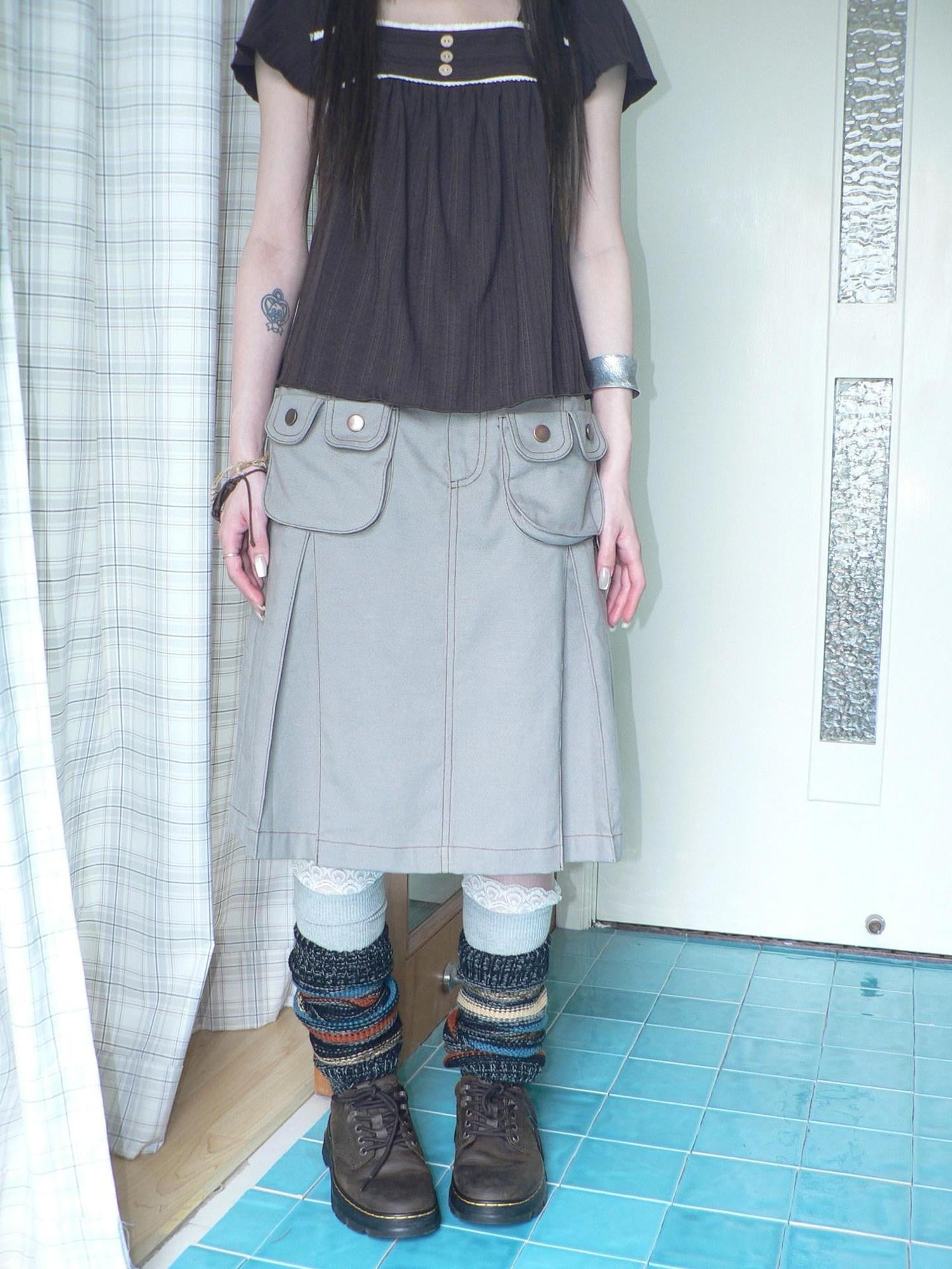 ang project Light Gray Exposed Stitch Pleated 3D Pocket Vintage Women&