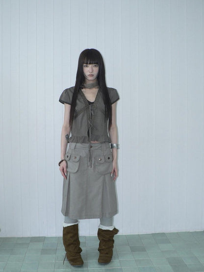 ang project Light Gray Exposed Stitch Pleated 3D Pocket Vintage Women&