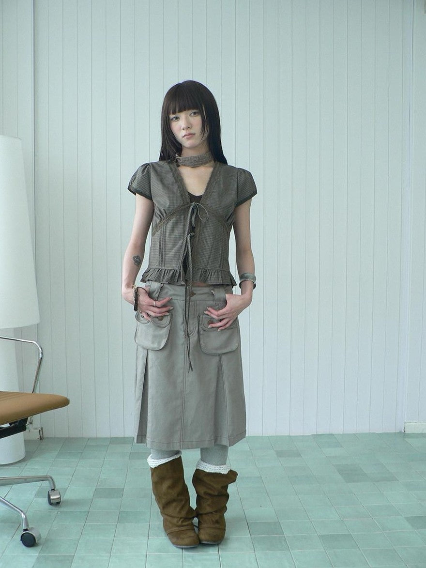 ang project Light Gray Exposed Stitch Pleated 3D Pocket Vintage Women&